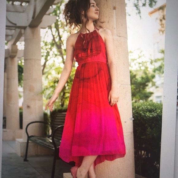 Red & Pink Cascade Tracy Reese Halter Hi Low Dress